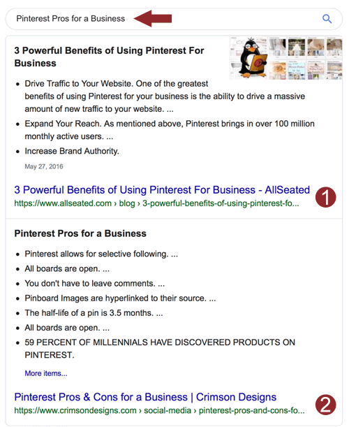 Example - 2 featured snippet answer boxes for Pinterest query